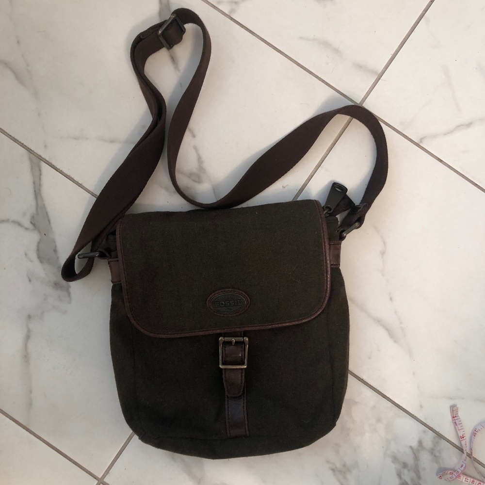 Vintage Fossil Army Green Wool and Leather Messenger Bag